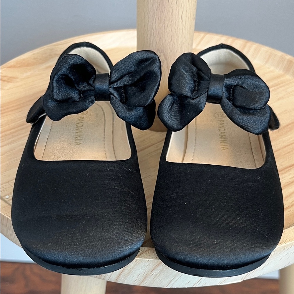 Pandaninjia Girls Black Satin Dress Mary Jane Ballet Flats with Bow Size 12